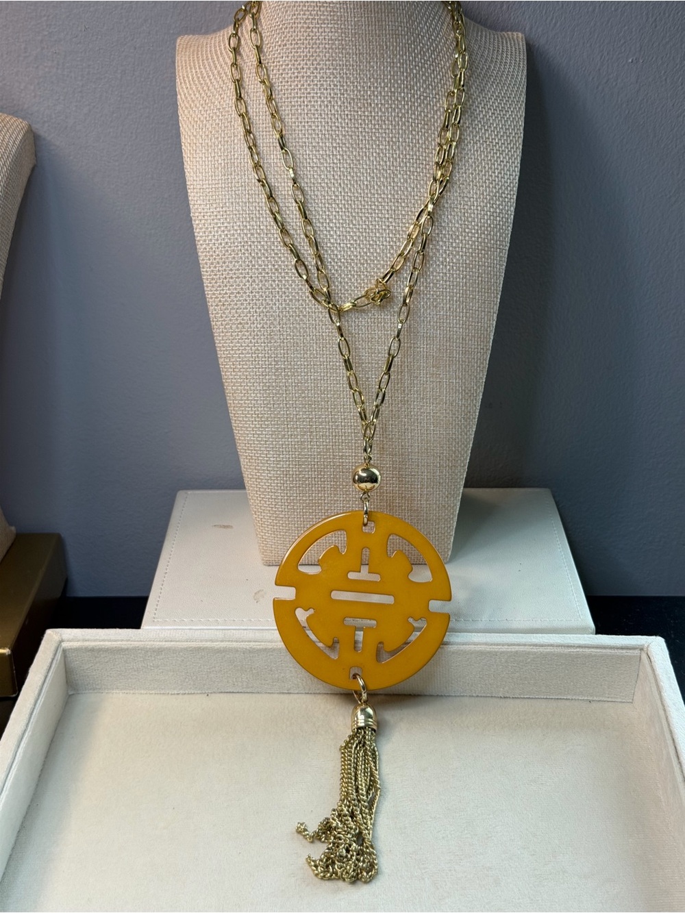 Gold Chain Necklace with Yellow Medallion Tassel